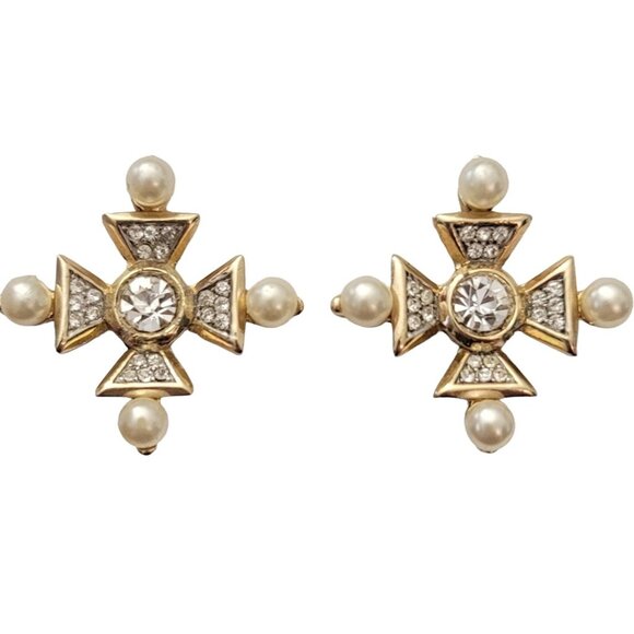 Trifari Gold Tone Clear Rhinestone Faux Pearl Maltese Cross Clip Earrings, M1003 - Picture 9 of 9